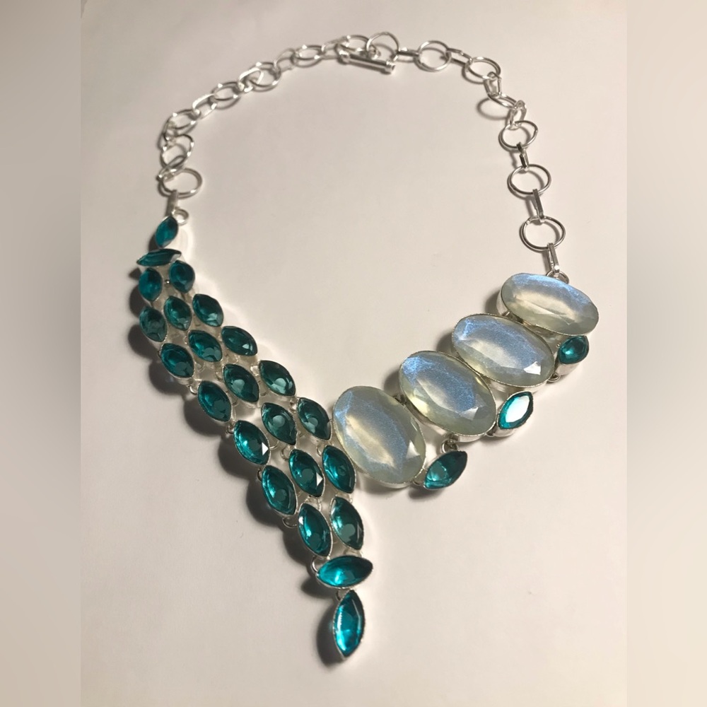 Blue Topaz Milky Opal Stamped 925 Sterling Silver Necklace